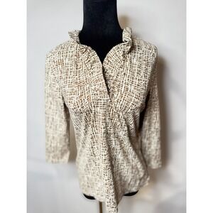 J. McLaughlin Womens Brown Durham Print Ruffle‎ Neck 3/4 Sleeve Top Size S